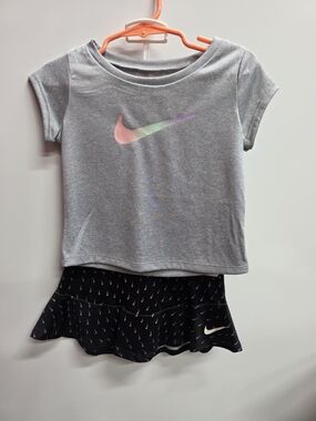 Nike Girls Grey Tee with Iridescent Swoosh and Black Skort